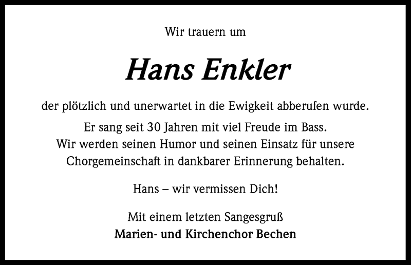  Traueranzeige für Hans Enkler vom 07.11.2015 aus Kölner Stadt-Anzeiger / Kölnische Rundschau / Express