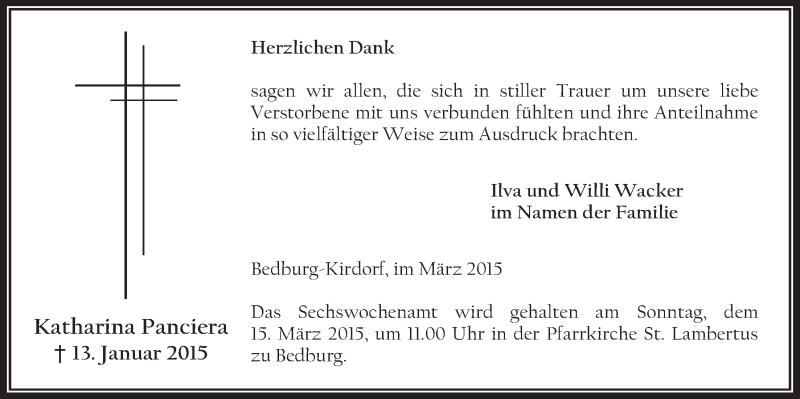  Traueranzeige für Katharina Panciera vom 11.03.2015 aus  Werbepost 