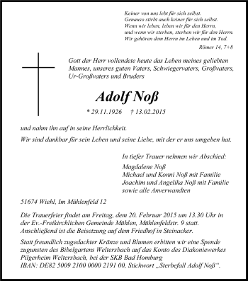 Anzeige von Adolf Noß von Kölner Stadt-Anzeiger / Kölnische Rundschau / Express