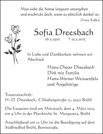 Anzeige von Sofia Dreesbach von  Schlossbote/Werbekurier 
