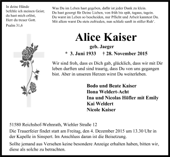 Anzeige von Alice Kaiser von Kölner Stadt-Anzeiger / Kölnische Rundschau / Express