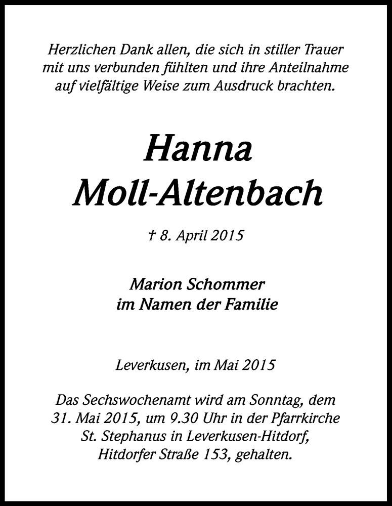  Traueranzeige für Hanna Moll-Altenbach vom 23.05.2015 aus Kölner Stadt-Anzeiger / Kölnische Rundschau / Express