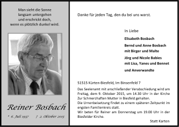 Anzeige von Reiner Bosbach von Kölner Stadt-Anzeiger / Kölnische Rundschau / Express