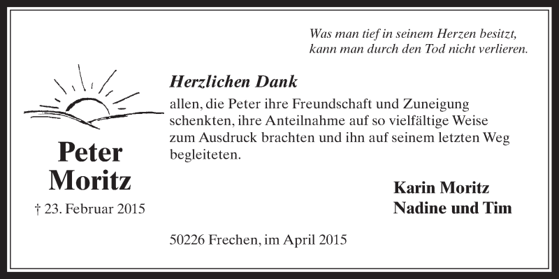  Traueranzeige für Peter Moritz vom 01.04.2015 aus  Wochenende 