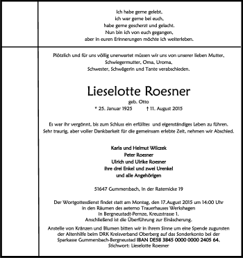 Anzeige von Lieselotte Roesner von Kölner Stadt-Anzeiger / Kölnische Rundschau / Express