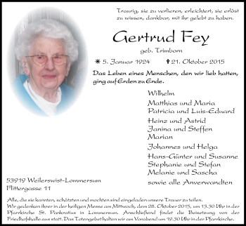 Anzeige von Gertrud Fey von Kölner Stadt-Anzeiger / Kölnische Rundschau / Express