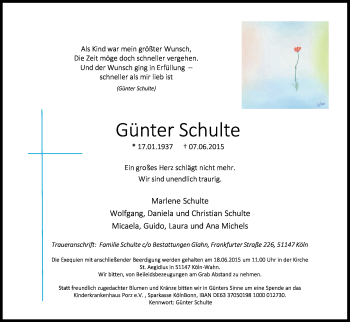 Anzeige von Günter Schulte von Kölner Stadt-Anzeiger / Kölnische Rundschau / Express