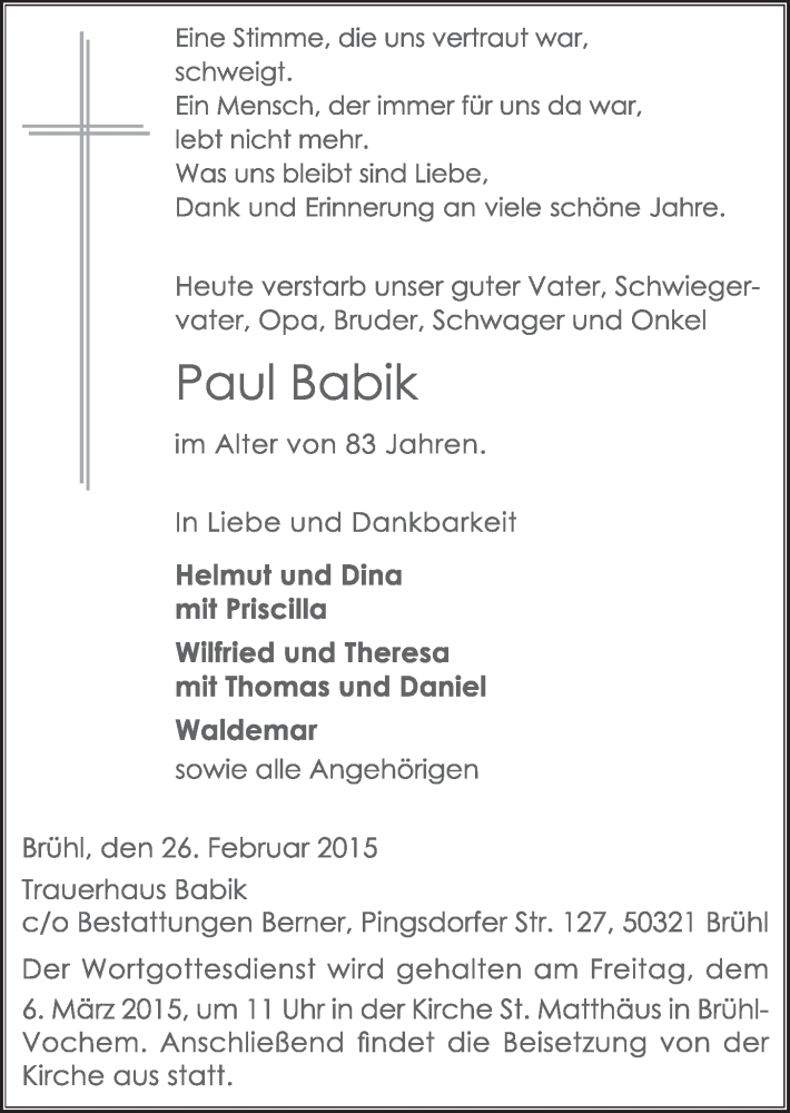  Traueranzeige für Paul Babik vom 04.03.2015 aus  Schlossbote/Werbekurier 