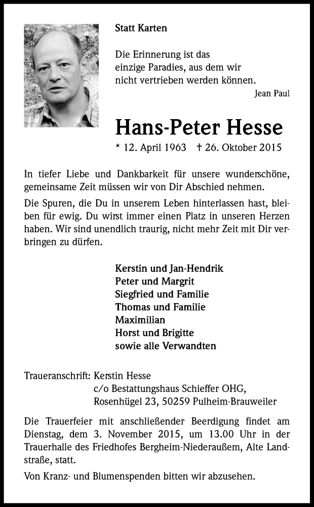  Traueranzeige für Hans-Peter Hesse vom 31.10.2015 aus Kölner Stadt-Anzeiger / Kölnische Rundschau / Express