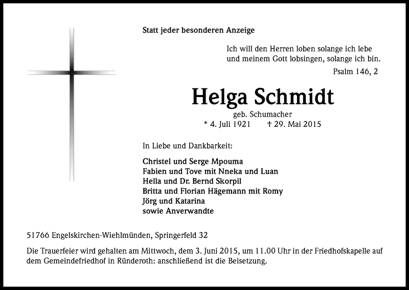  Traueranzeige für Helga Schmidt vom 01.06.2015 aus Kölner Stadt-Anzeiger / Kölnische Rundschau / Express