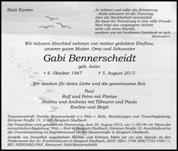 Anzeige von Gabi Bennerscheidt von Kölner Stadt-Anzeiger / Kölnische Rundschau / Express
