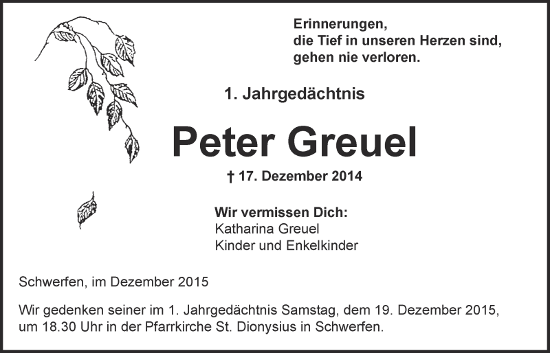  Traueranzeige für Peter Greuel vom 13.12.2015 aus  Blickpunkt Euskirchen 