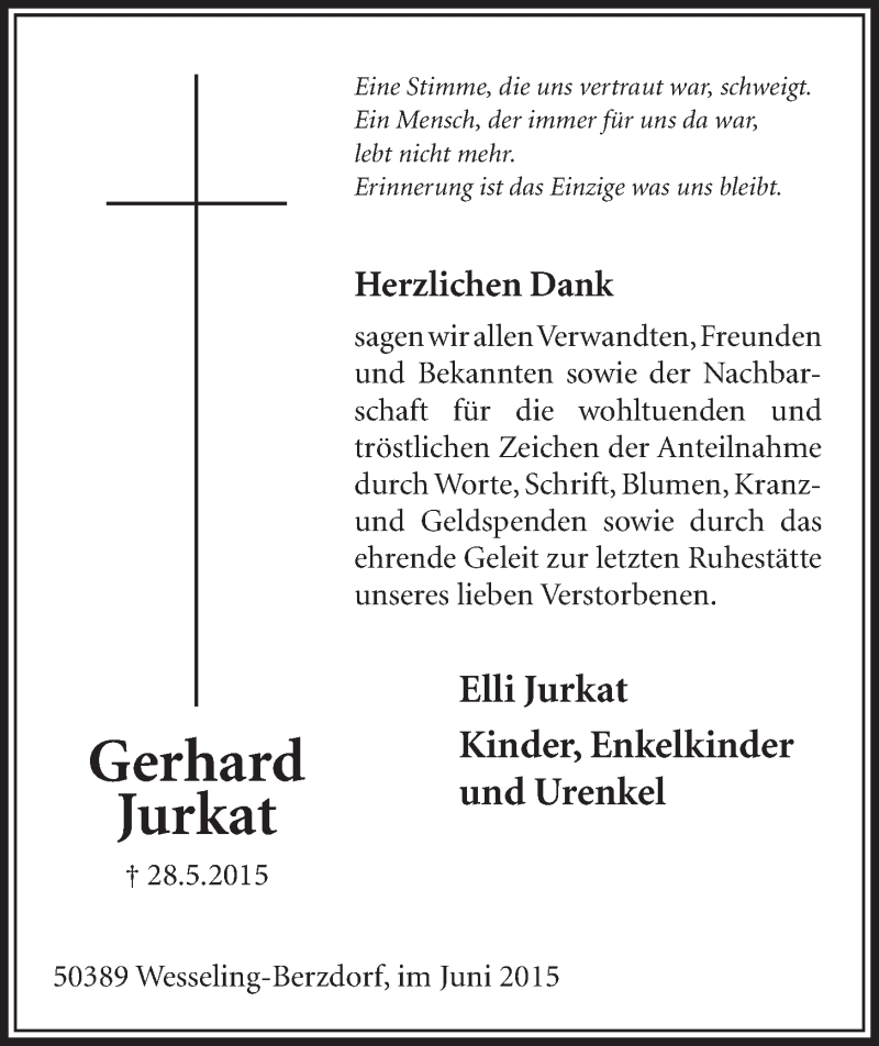  Traueranzeige für Gerhard Jurkat vom 17.06.2015 aus  Schlossbote/Werbekurier 