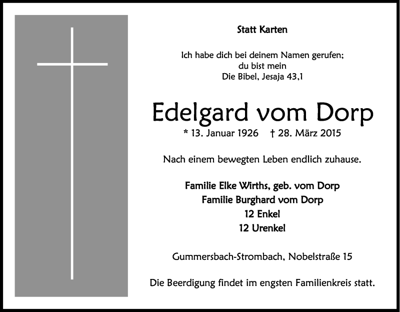  Traueranzeige für Edelgard vom Dorp vom 04.04.2015 aus Kölner Stadt-Anzeiger / Kölnische Rundschau / Express