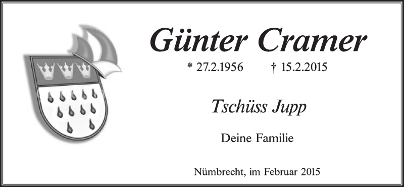  Traueranzeige für Günter Cramer vom 25.02.2015 aus  Lokalanzeiger 