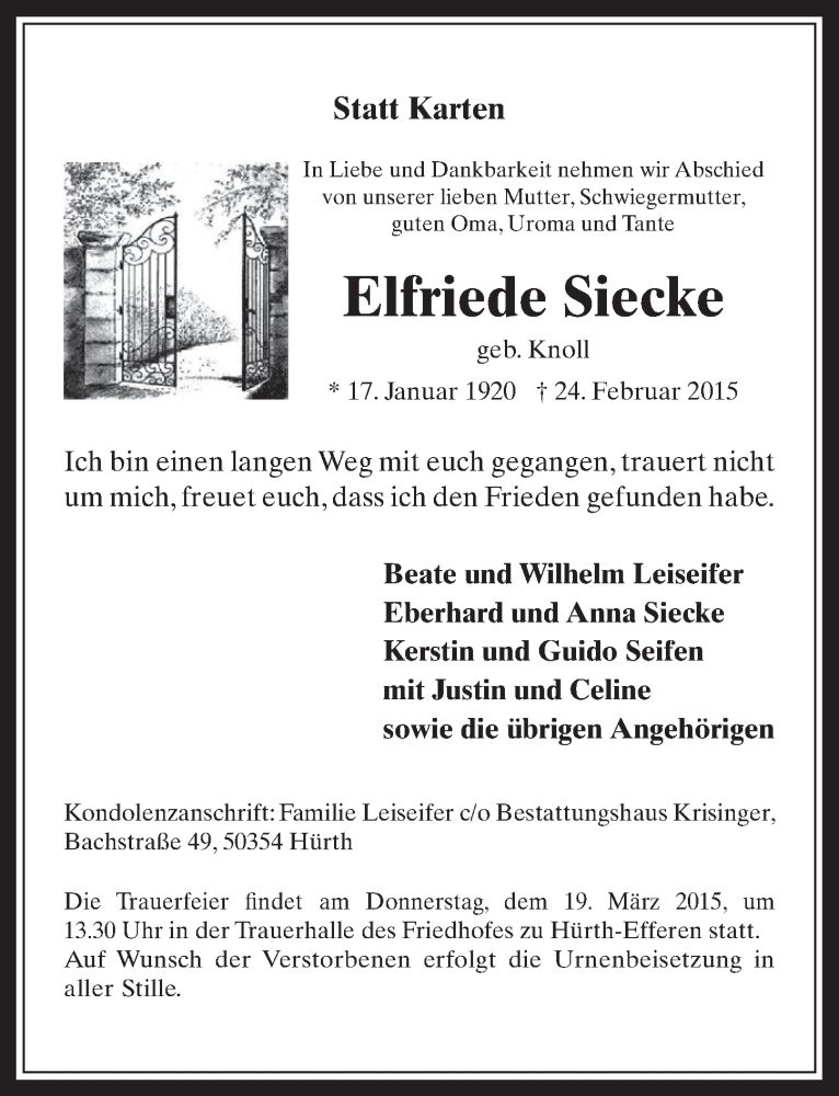  Traueranzeige für Elfriede Siecke vom 11.03.2015 aus  Wochenende 