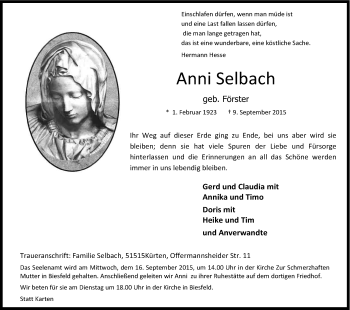 Anzeige von Anni Selbach von Kölner Stadt-Anzeiger / Kölnische Rundschau / Express