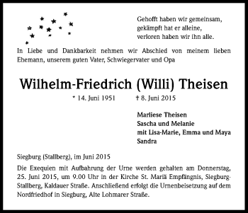 Anzeige von Wilhelm-Friedrich Theisen von Kölner Stadt-Anzeiger / Kölnische Rundschau / Express