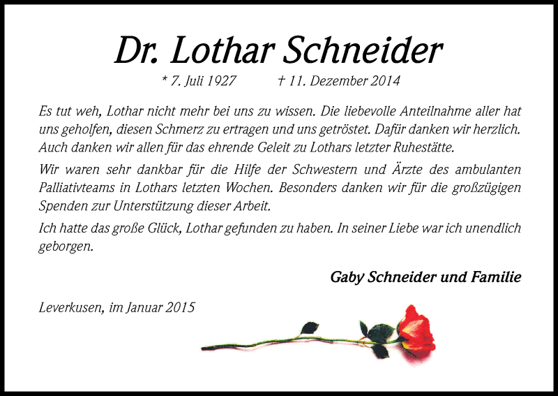  Traueranzeige für Lothar Schneider vom 24.01.2015 aus Kölner Stadt-Anzeiger / Kölnische Rundschau / Express