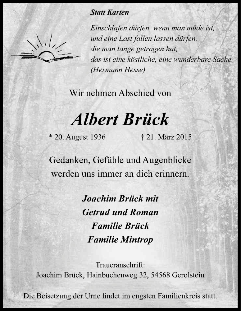  Traueranzeige für Albert Brück vom 28.03.2015 aus Kölner Stadt-Anzeiger / Kölnische Rundschau / Express