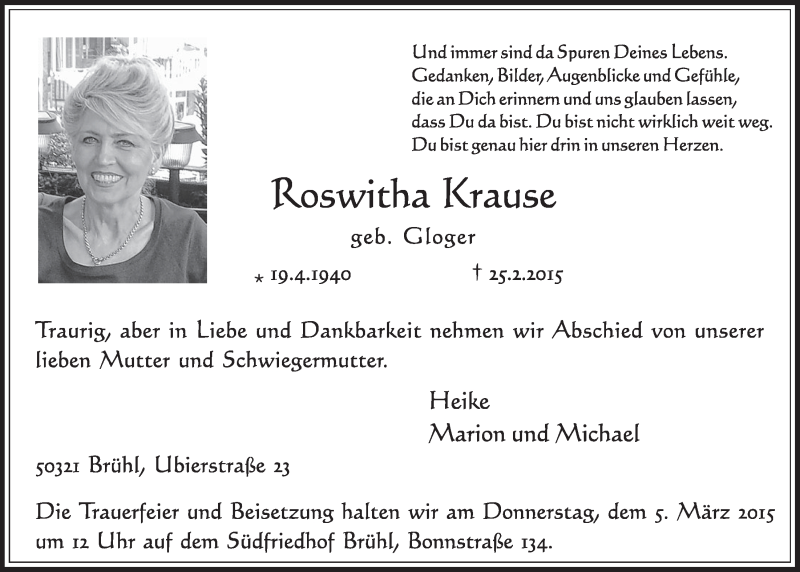  Traueranzeige für Roswitha Krause vom 04.03.2015 aus  Schlossbote/Werbekurier 