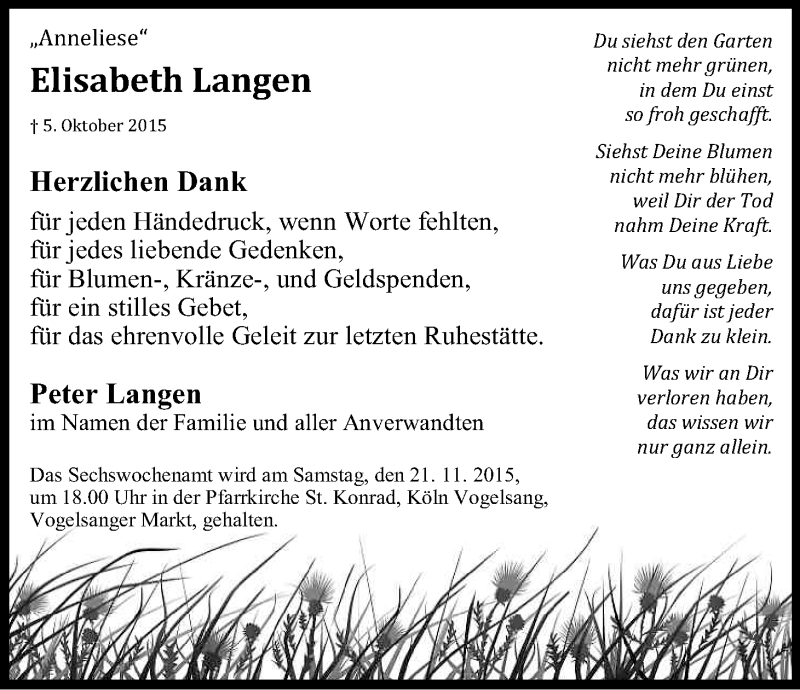  Traueranzeige für Elisabeth Langen vom 14.11.2015 aus Köln - Wir Trauern