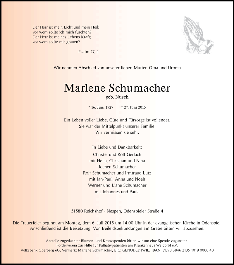  Traueranzeige für Marlene Schumacher vom 01.07.2015 aus Kölner Stadt-Anzeiger / Kölnische Rundschau / Express