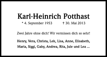 Anzeige von Karl-Heinrich Potthast von Kölner Stadt-Anzeiger / Kölnische Rundschau / Express