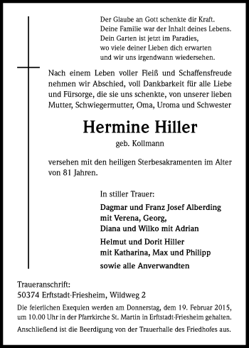 Anzeige von Hermine Hiller von Kölner Stadt-Anzeiger / Kölnische Rundschau / Express