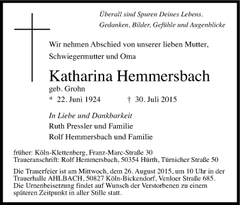 Anzeige von Katharina Hemmersbach von Kölner Stadt-Anzeiger / Kölnische Rundschau / Express