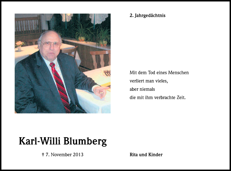  Traueranzeige für Karl-Willi Blumberg vom 07.11.2015 aus Kölner Stadt-Anzeiger / Kölnische Rundschau / Express