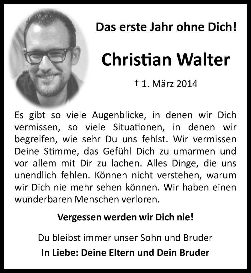  Traueranzeige für Christian Walter vom 25.02.2015 aus  Kölner Wochenspiegel 