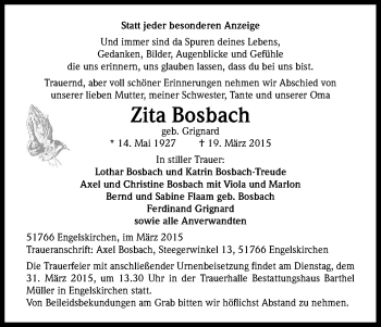Anzeige von Zita Bosbach von Kölner Stadt-Anzeiger / Kölnische Rundschau / Express