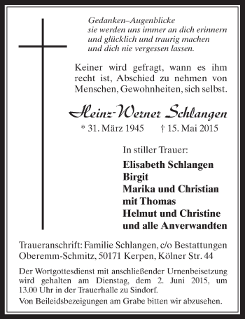 Anzeige von Heinz-Werner Schlangen von  Werbepost 