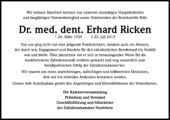 Anzeige von Erhard Ricken von Kölner Stadt-Anzeiger / Kölnische Rundschau / Express