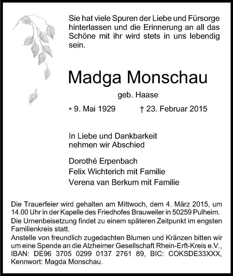  Traueranzeige für Madga Monschau vom 27.02.2015 aus Kölner Stadt-Anzeiger / Kölnische Rundschau / Express