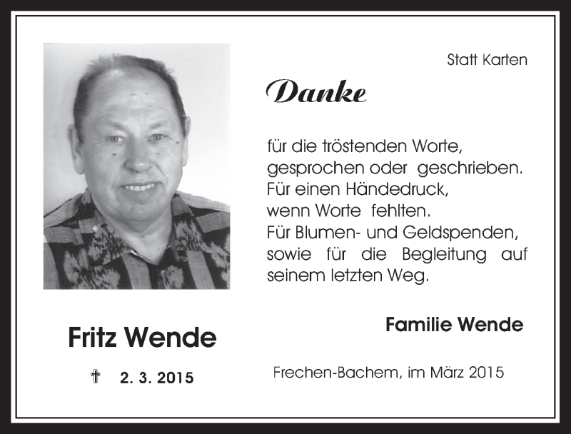  Traueranzeige für Fritz Wende vom 01.04.2015 aus  Wochenende 