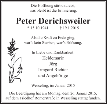 Anzeige von Peter Derichsweiler von  Schlossbote/Werbekurier 
