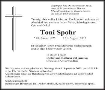 Anzeige von Toni Spohr von  Sonntags-Post 