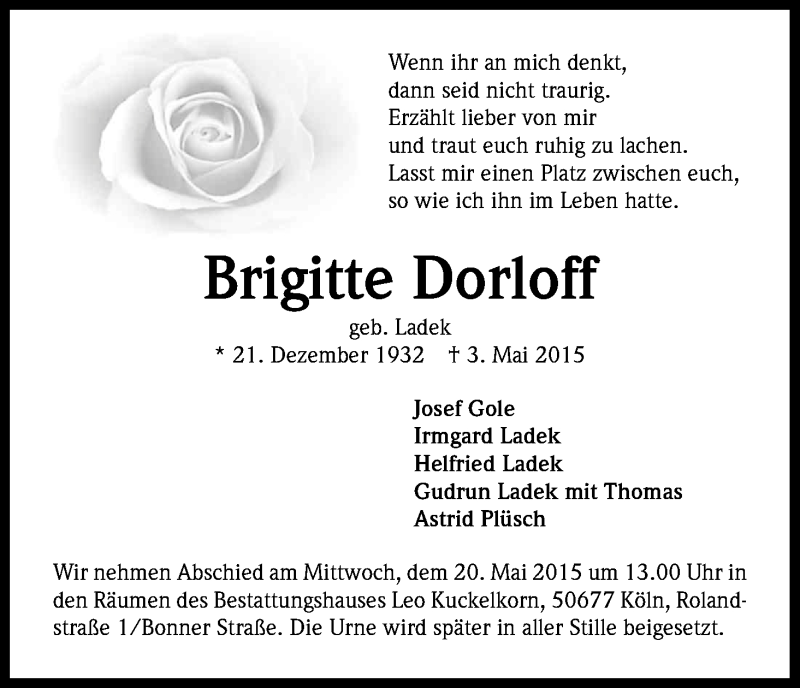  Traueranzeige für Brigitte Dorloff vom 16.05.2015 aus Kölner Stadt-Anzeiger / Kölnische Rundschau / Express