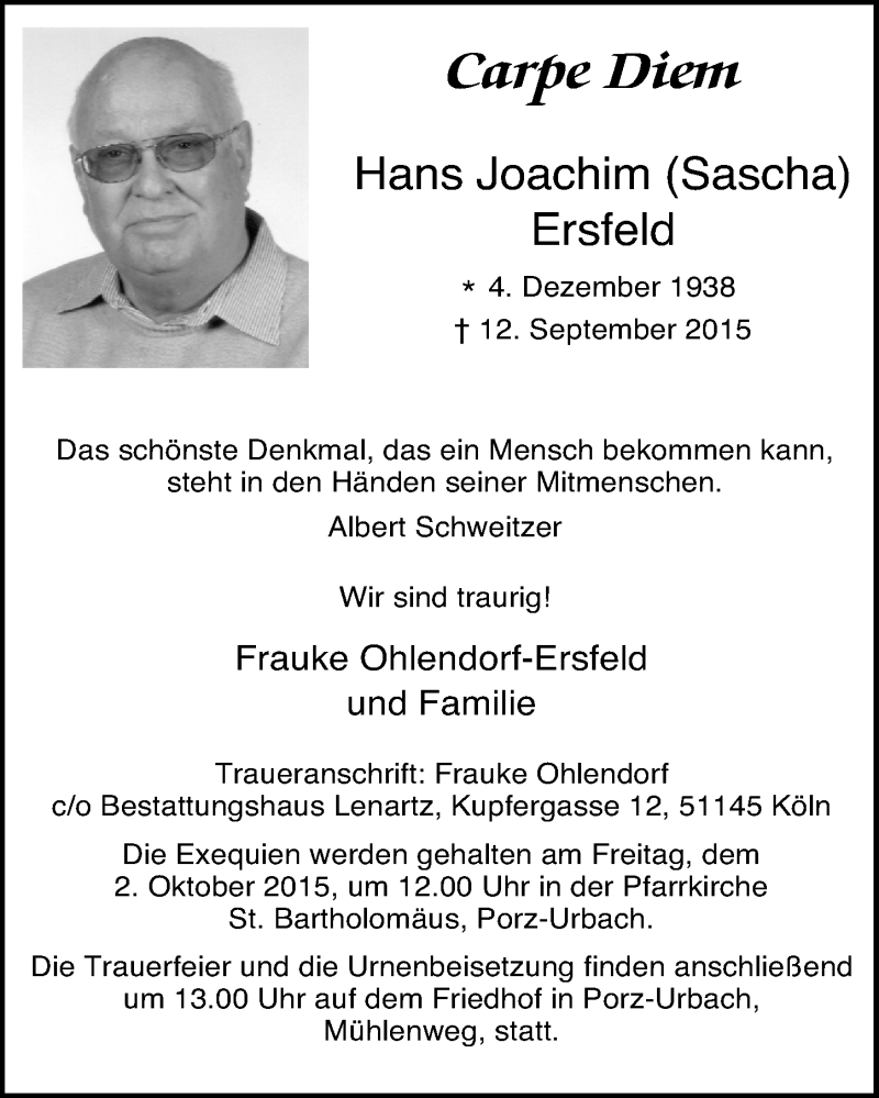  Traueranzeige für Hans Joachim Ersfeld vom 23.09.2015 aus  Kölner Wochenspiegel 