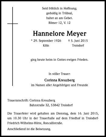 Anzeige von Hannelore Meyer von Kölner Stadt-Anzeiger / Kölnische Rundschau / Express