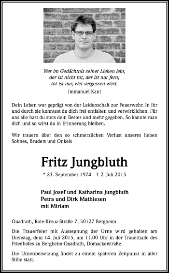 Anzeige von Fritz Jungbluth von Kölner Stadt-Anzeiger / Kölnische Rundschau / Express