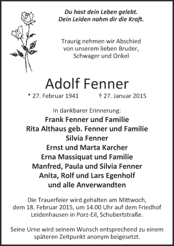 Anzeige von Adolf Fenner von  Kölner Wochenspiegel 