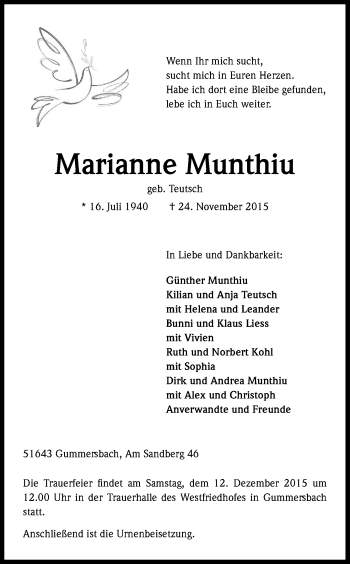 Anzeige von Marianne Munthiu von Kölner Stadt-Anzeiger / Kölnische Rundschau / Express