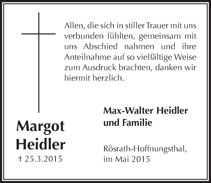  Traueranzeige für Margot Heidler vom 13.05.2015 aus  Bergisches Handelsblatt 