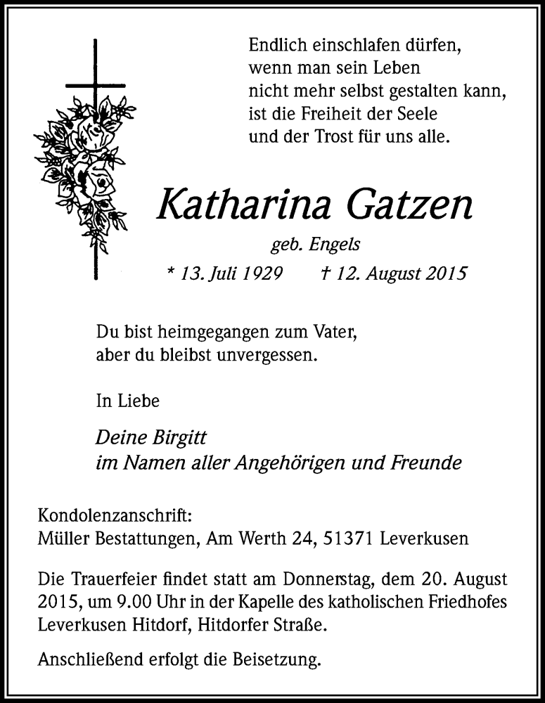  Traueranzeige für Katharina Gatzen vom 15.08.2015 aus Kölner Stadt-Anzeiger / Kölnische Rundschau / Express