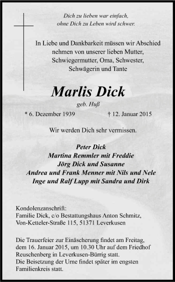 Anzeige von Marlis Dick von Kölner Stadt-Anzeiger / Kölnische Rundschau / Express