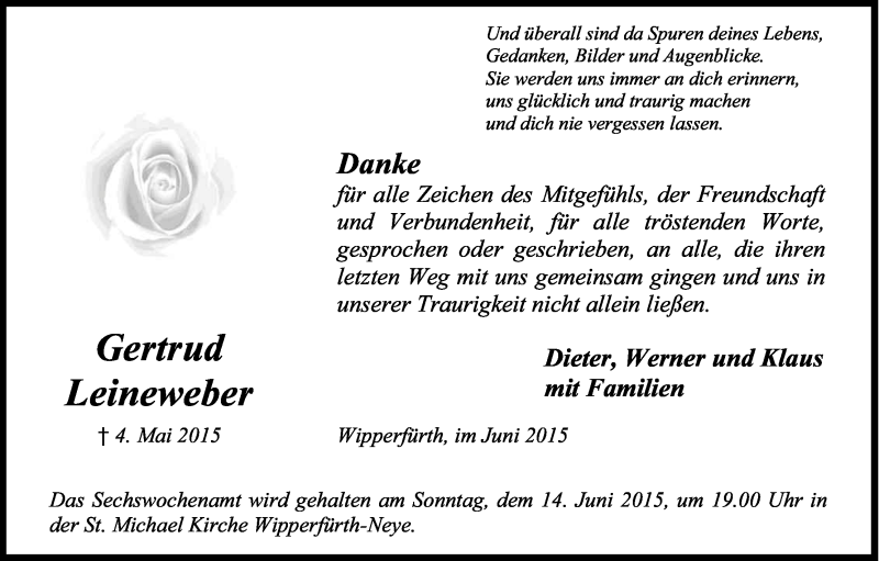  Traueranzeige für Gertrud Leineweber vom 06.06.2015 aus Kölner Stadt-Anzeiger / Kölnische Rundschau / Express