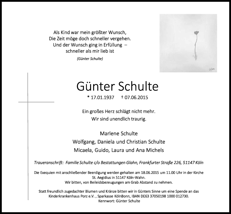  Traueranzeige für Günter Schulte vom 17.06.2015 aus  Kölner Wochenspiegel 